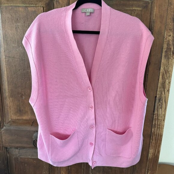 J.‎ Crew Pink Button Up V-Neck Sweater Vest Women's 2X 100% Merino Wool - Picture 1 of 5